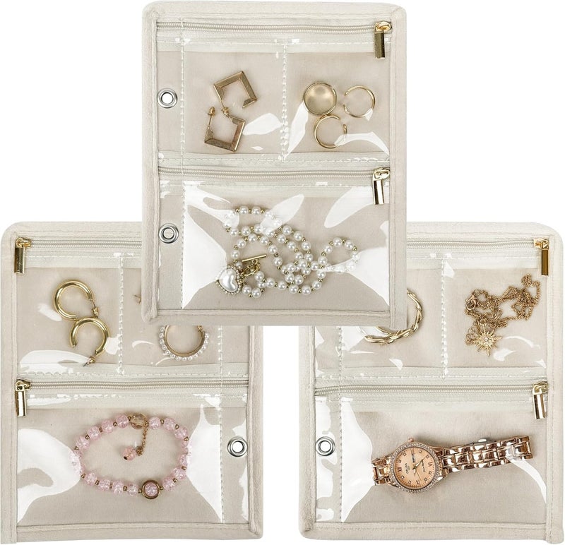 LingLingo Travel Jewelry Organizer Case, Jewelry Bags Jewelry Storage Book Binder with Clear Zipper Velvet Pouch for Traveling,Earrings, Rings, Necklace, Bracelet (Inner Pages,Beige,3 PCS) - Image 1